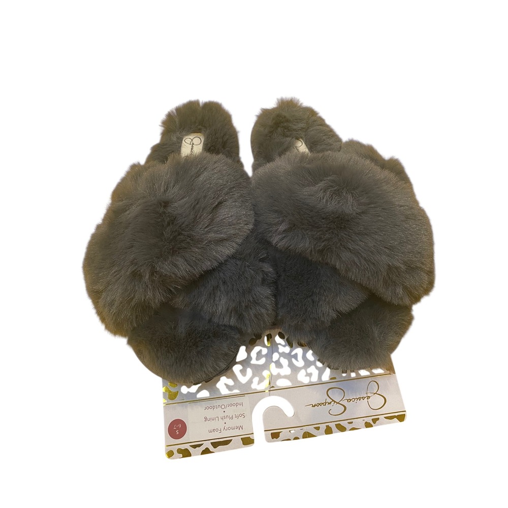 Jessica Simpson Womens Faux Fur Cross Band Memory Foam Slippers Grey S 6-7